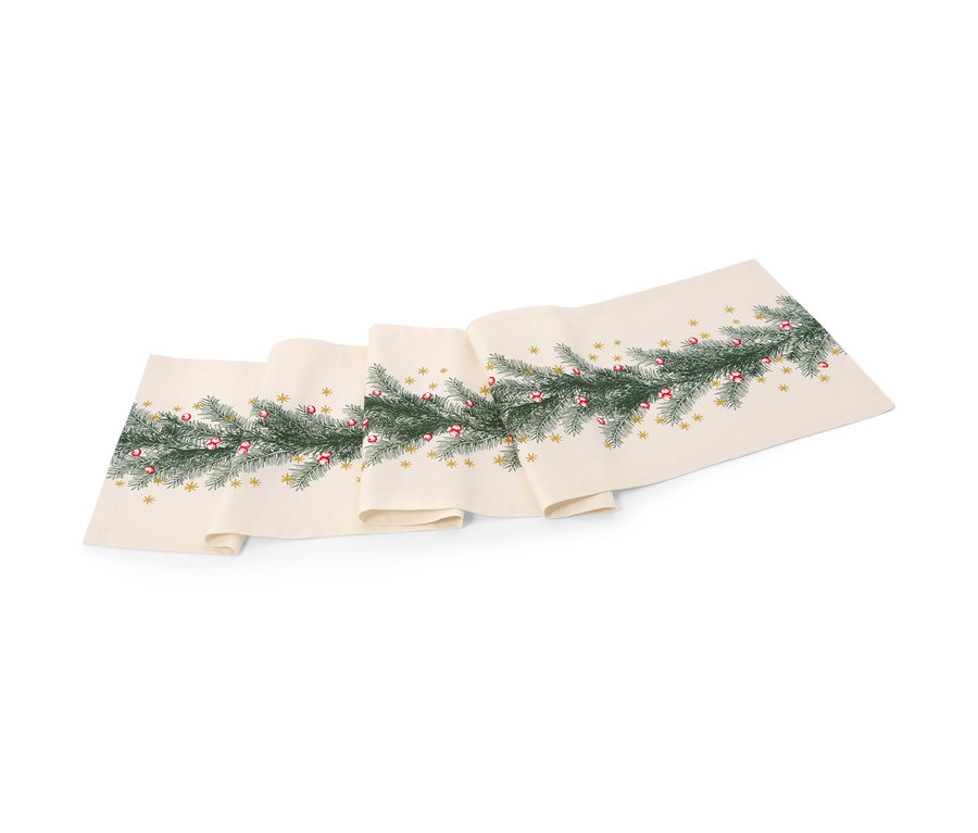 Tischläufer mit weihnachtlichem Print liegt auf einem weißen Hintergrund.