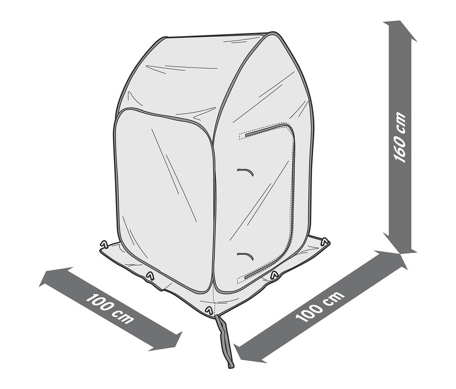Illustration eines Zeltes mit den Maßen 100 cm x 100 cm x 160 cm.