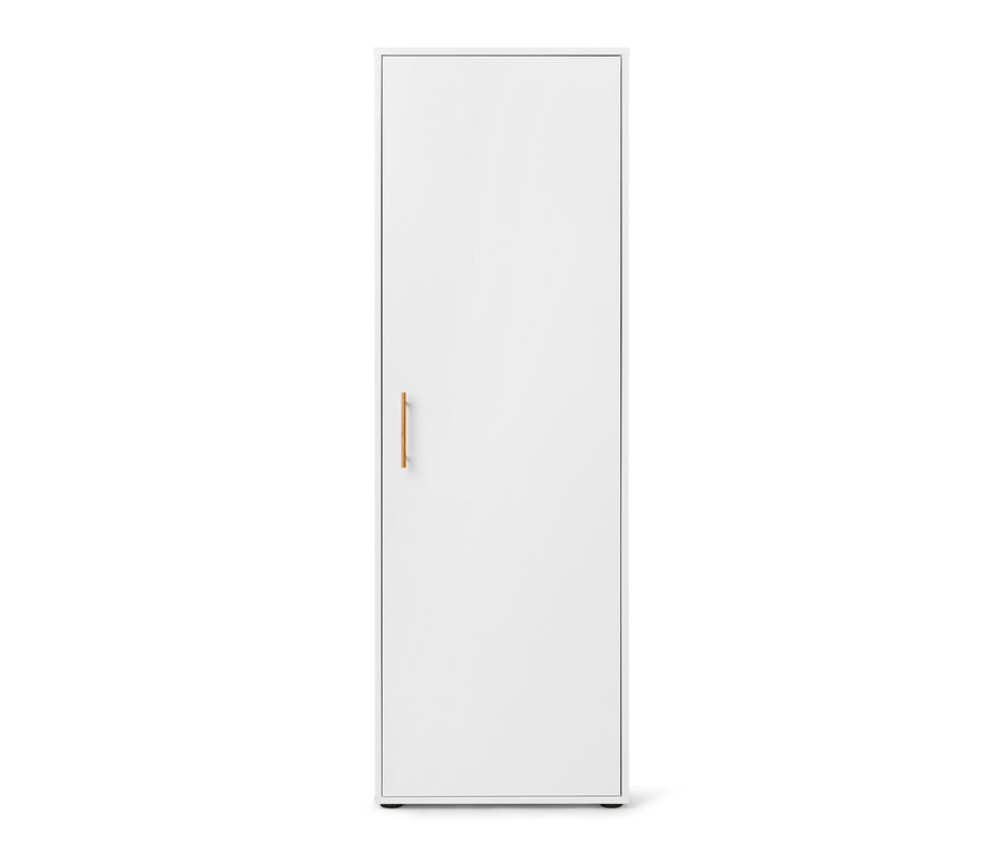 Ein weißer Universalschrank mit einem Holzgriff vor einem weißen Hintergrund.