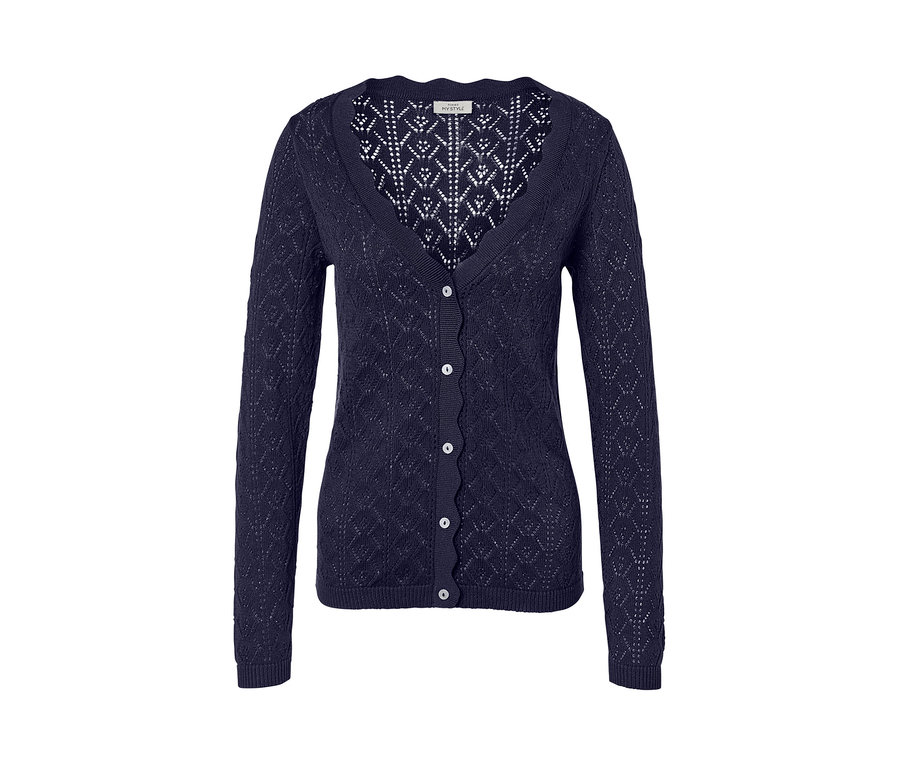 Dunkelblaue Strickjacke mit Ajour-Muster und Knöpfen.
