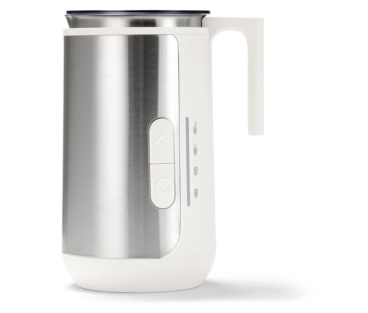 Ein silberner und weißer Milchaufschäumer mit einem Griff.