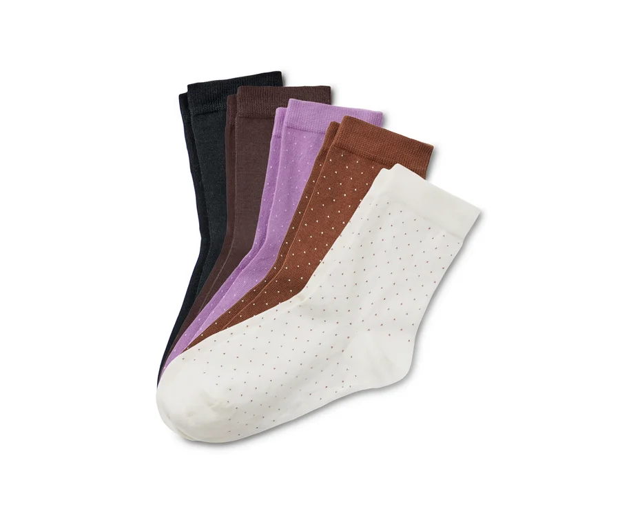 Fünf Paar Socken in Schwarz, Braun, Lila, Braun gepunktet und Weiß gepunktet.
