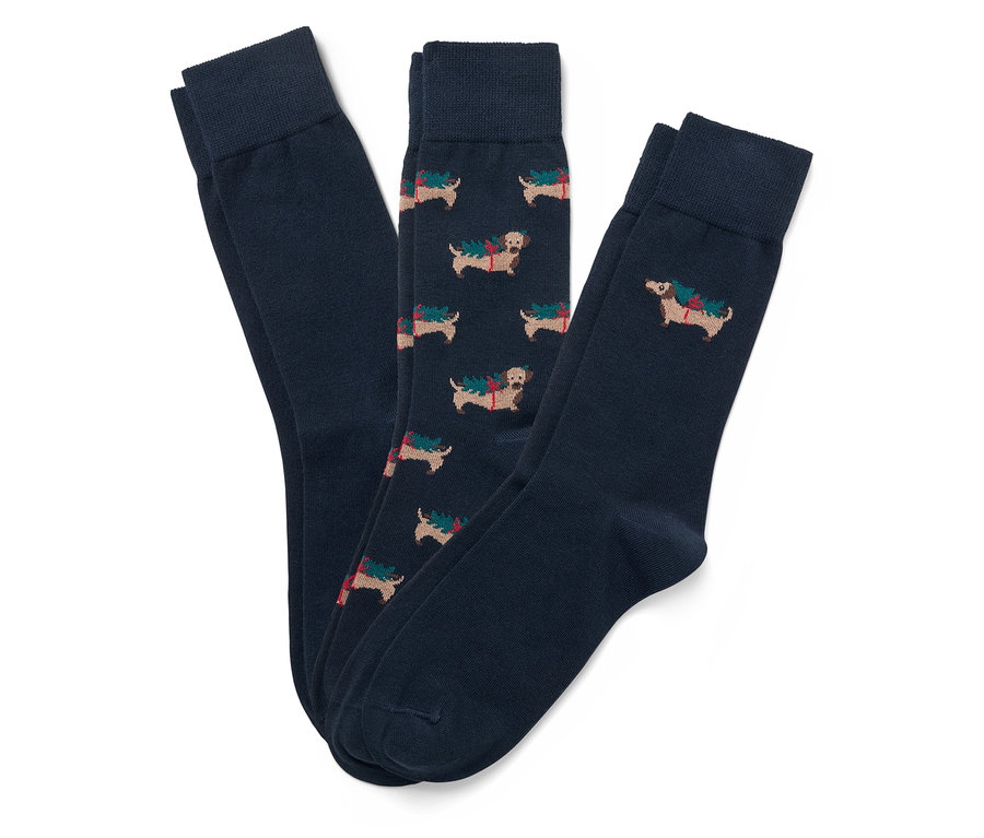 Drei Paar dunkelblaue Socken. Ein Paar mit Dackel-Muster.