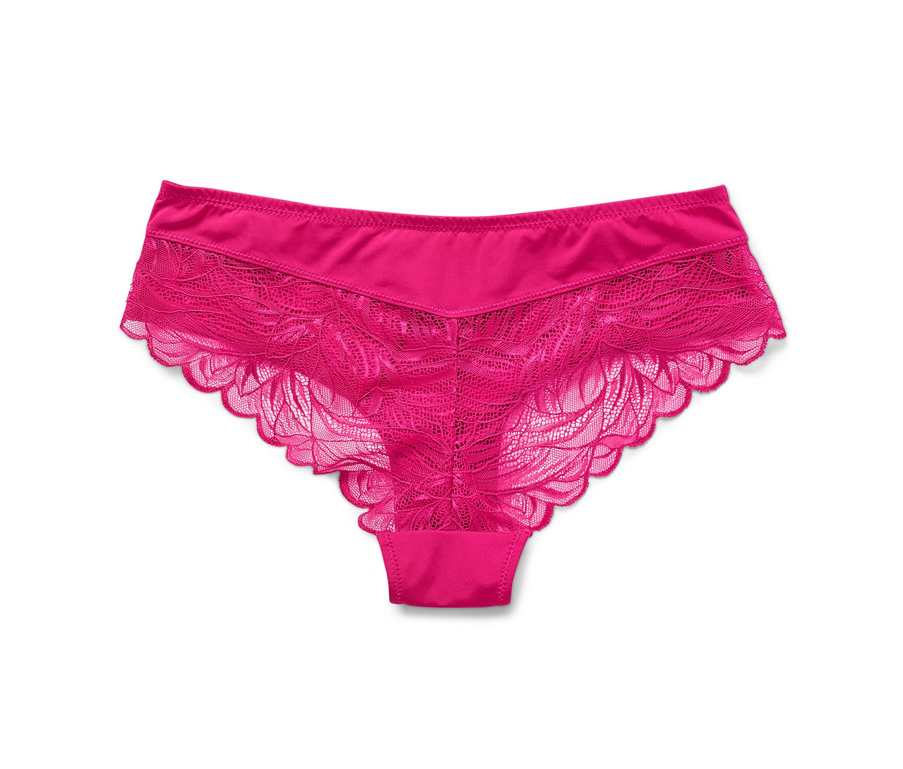 Ein einzelner fuchsiafarbener Brazilslip mit Spitze.