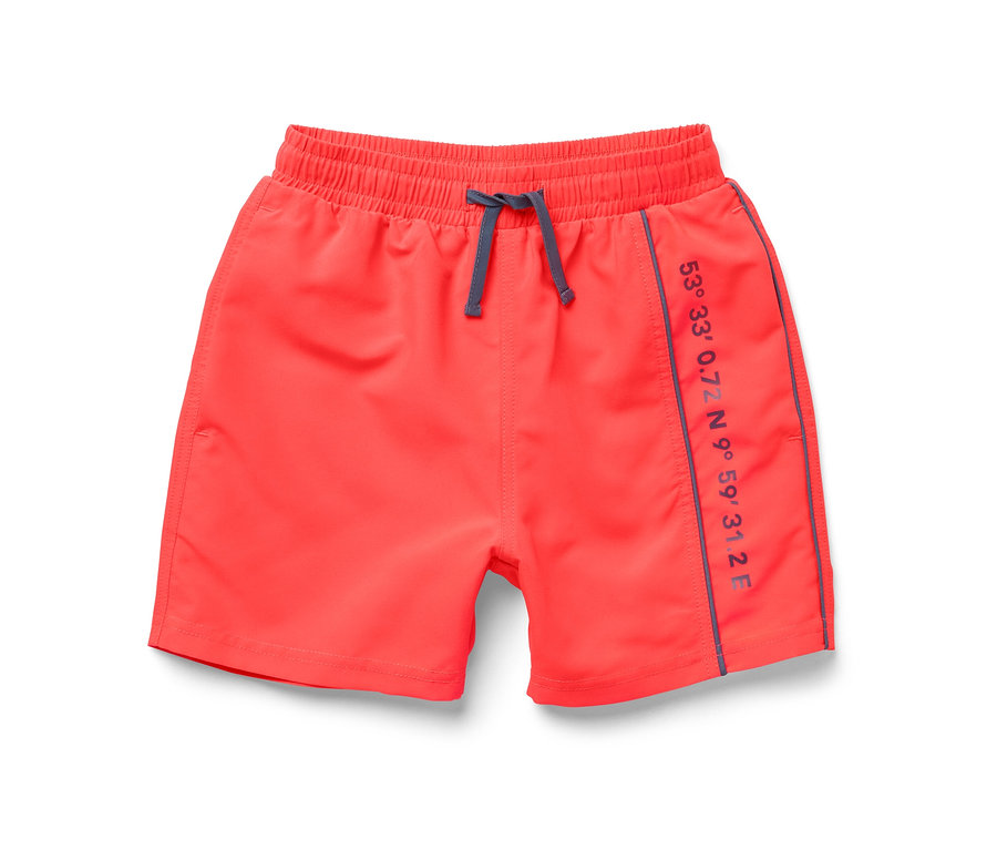 Rote Kinder-Boardshorts mit Gummibund und Kordelzug.