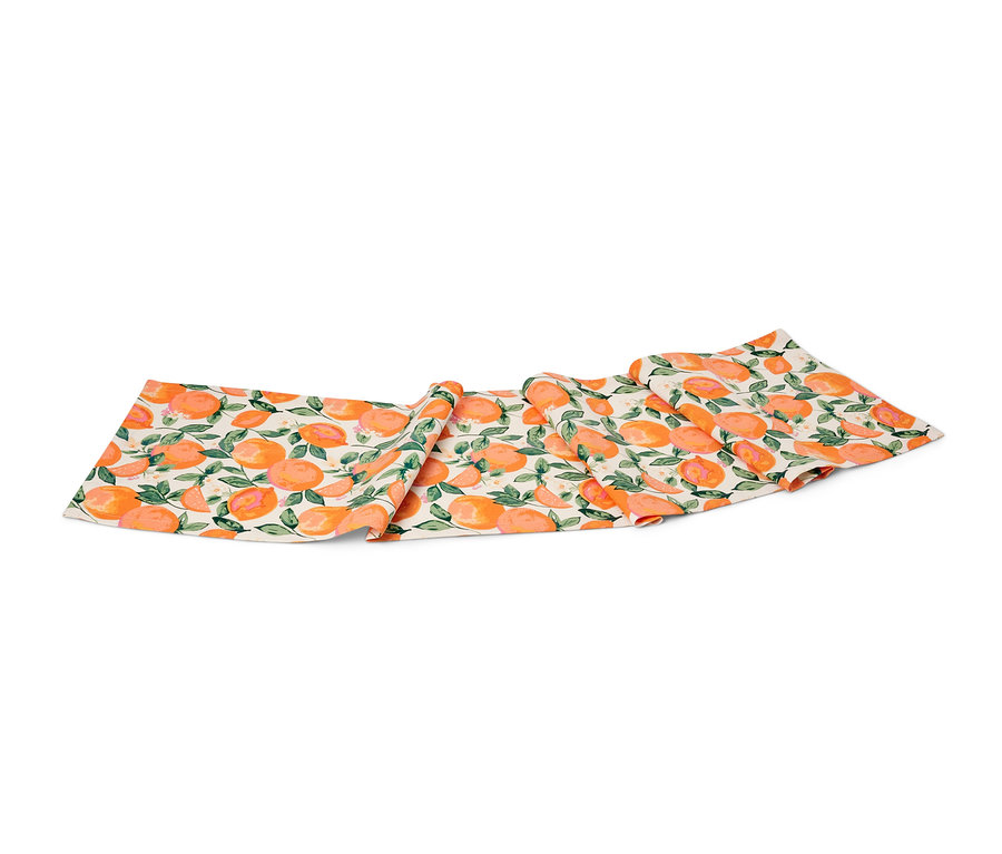 Baumwoll-Tischläufer mit Orangen- und Blättermuster.