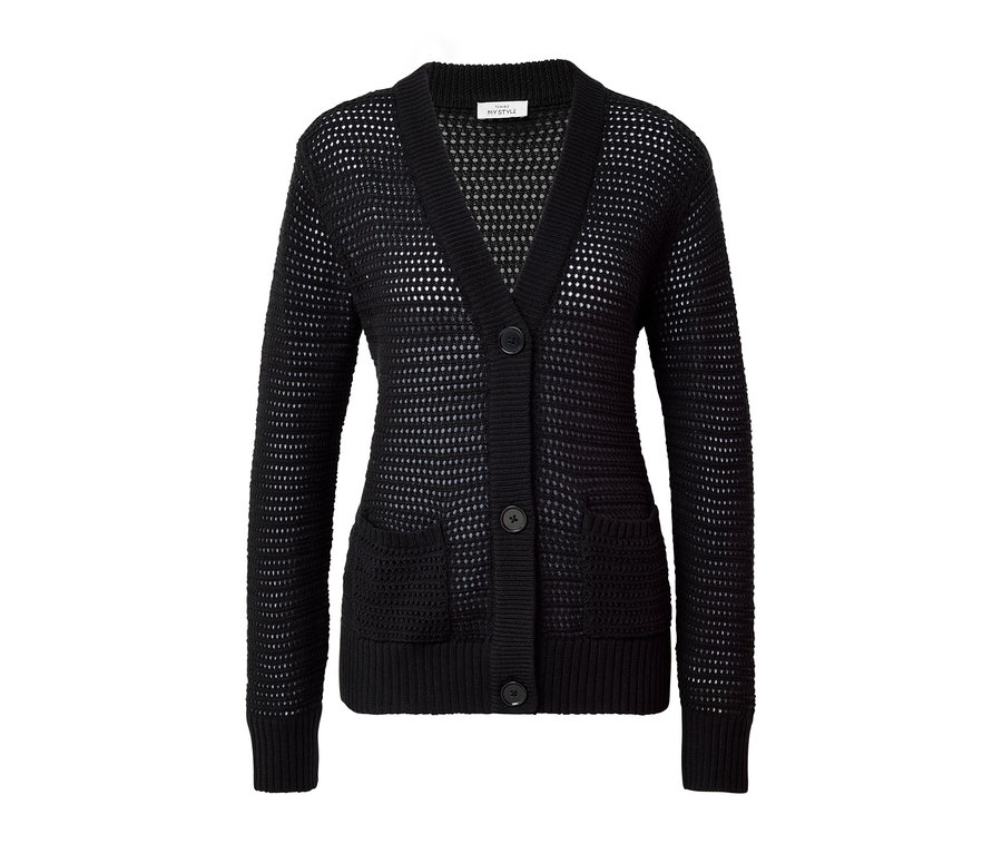 Schwarzer Cardigan in Pointellestrick mit Knöpfen und Taschen.