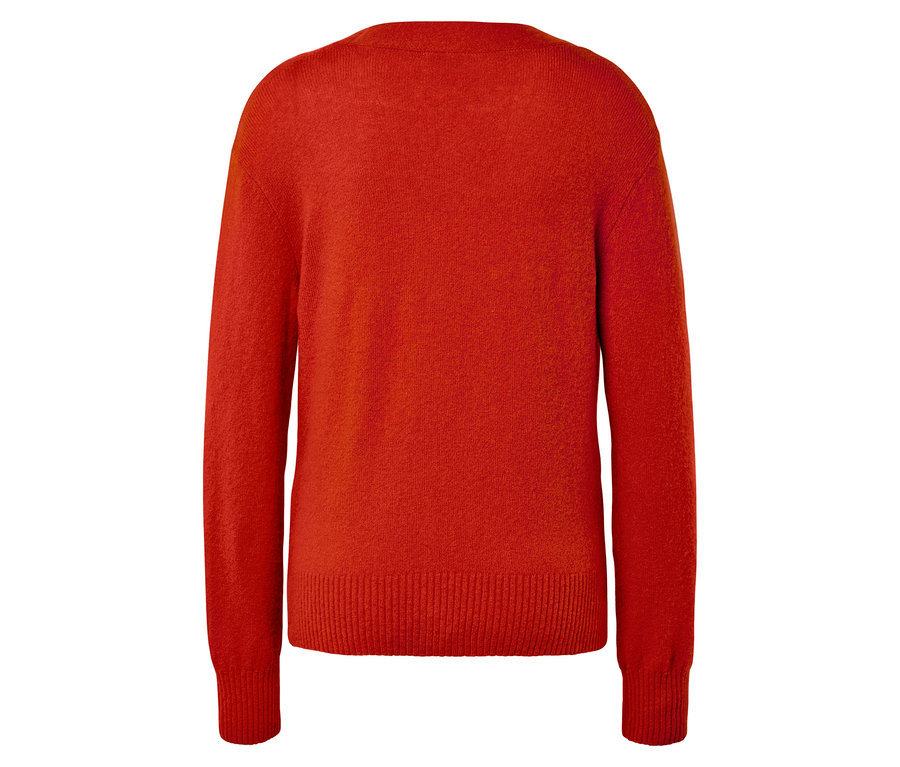 Rückansicht eines orangefarbenen Pullovers mit langen Ärmeln.