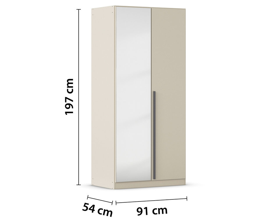 Beiger Schrank mit einer Spiegelseite, einer vollen Seite und Abmessungen.