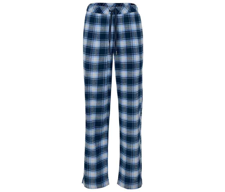 Eine blau karierte Schlafanzughose mit Kordelzug.