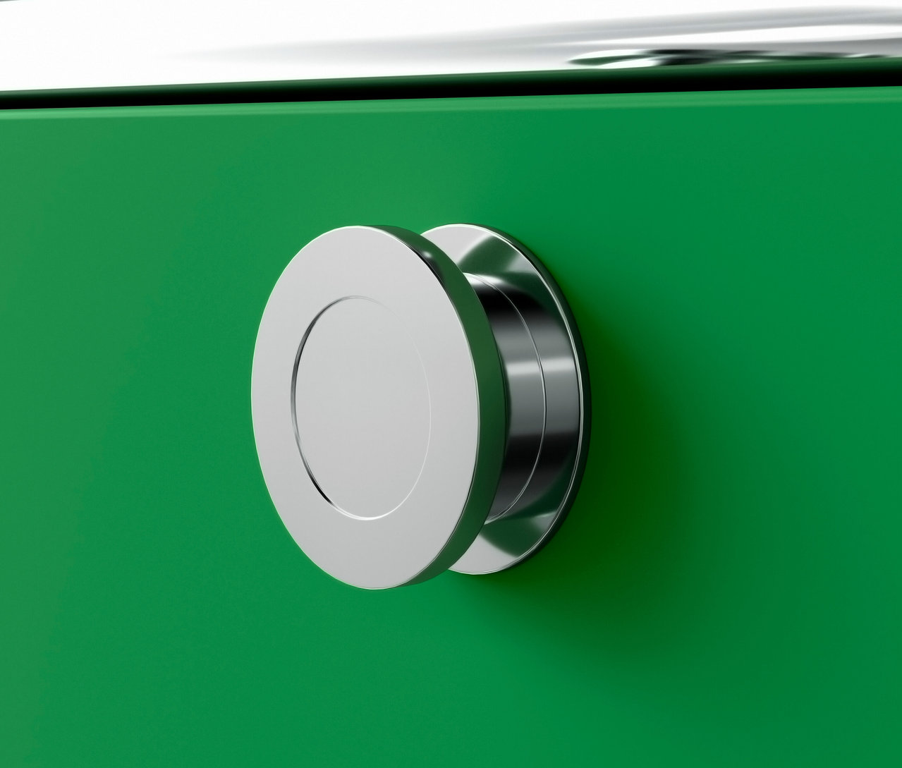 Detailansicht eines grünen Rollcontainers Metall »CN3« mit 3 Schubladen und rundem silbernen Griff.