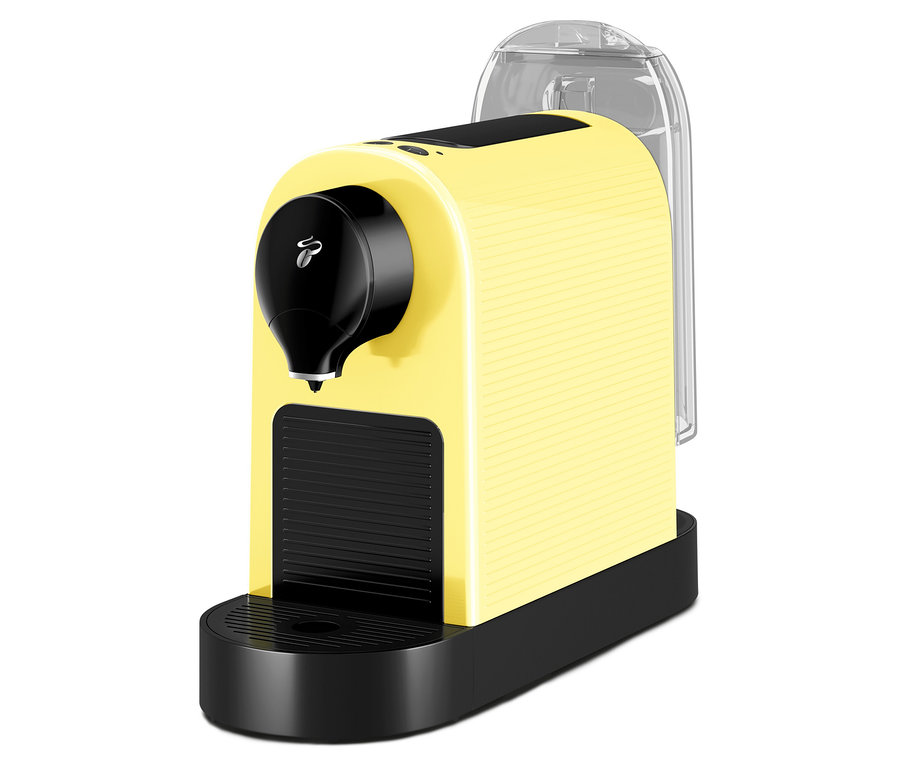 Gelbe Kapsel-Kaffeemaschine mit schwarzem Auslauf und Wassertank.