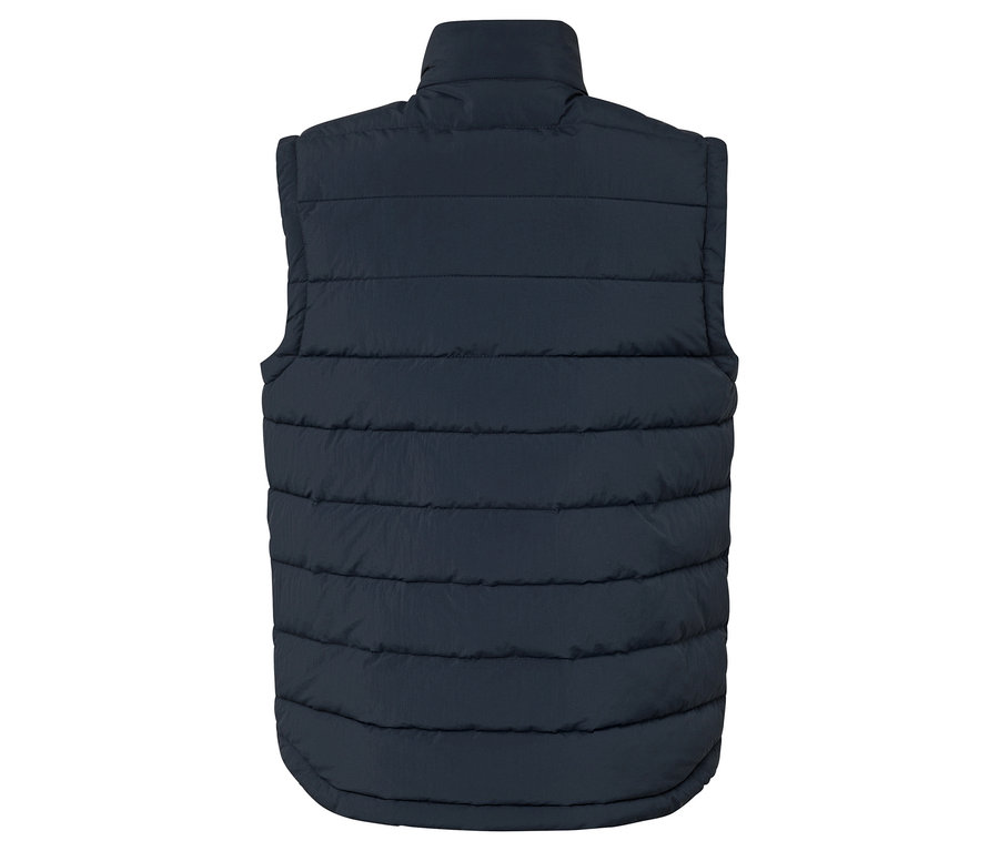 Rückansicht einer marineblauen Steppweste mit hohem Kragen.