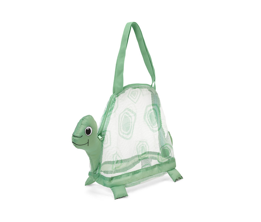 Grüne, schildkrötenförmige Strandspielzeug-Netztasche mit Tragegriff.