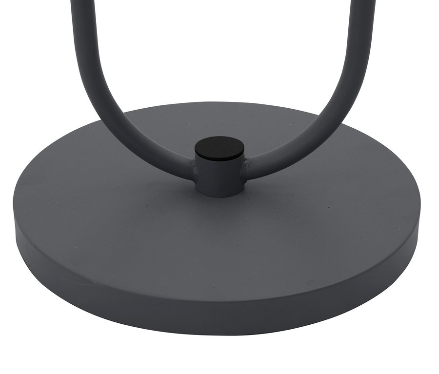 Detail einer anthrazitfarbenen Leco Solar Stehlampe mit integriertem Tisch.