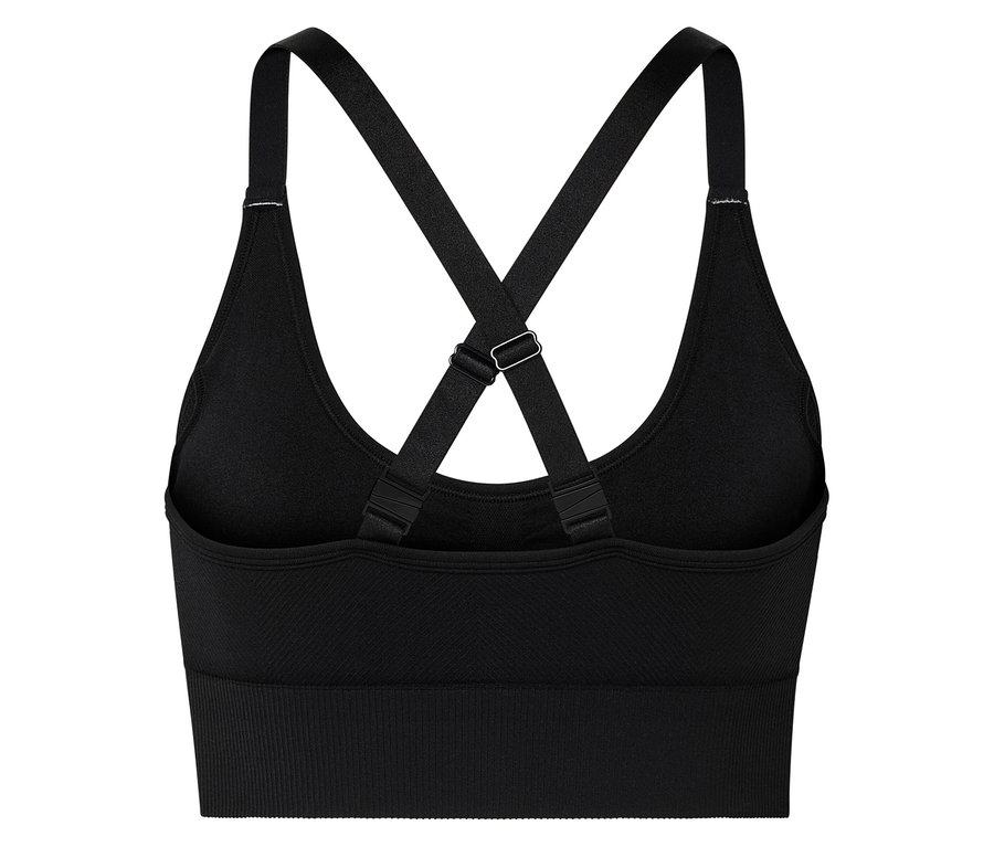 Detailansicht eines schwarzen Sportoberteils mit gekreuzten Trägern.