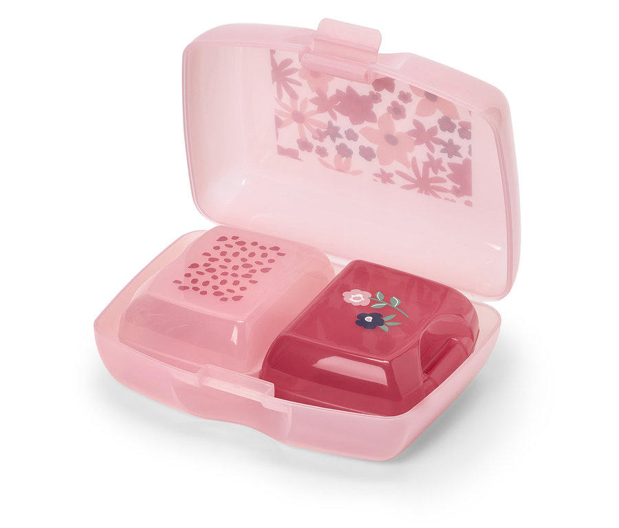 Geöffnete rosa Lunchbox mit zwei Behältern im Inneren.