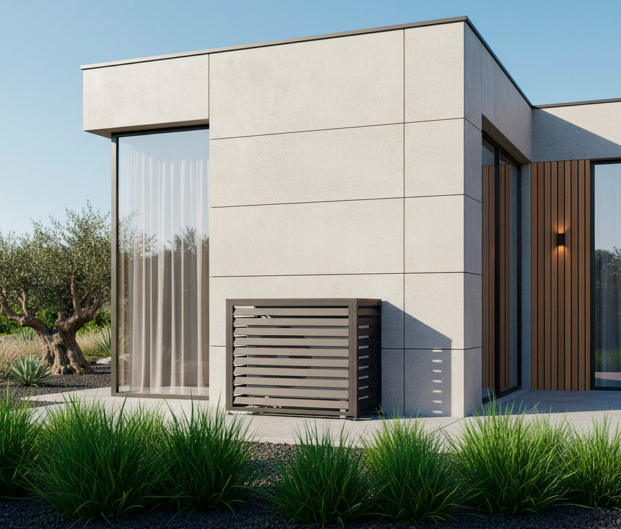 Eine graue Klimaanlagenverkleidung steht vor einem modernen, hellgrauen Haus mit großen Fenstern und grüner Vegetation.