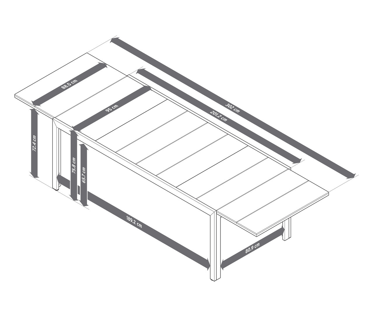 Abbildung eines ausziehbaren Gartentischs mit Duraboard-Tischplatte, ca. 200‒300 cm, mit Maßangaben.