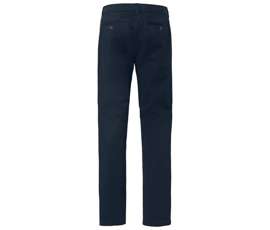 Dunkelblaue, lange Hose von hinten mit Taschen.