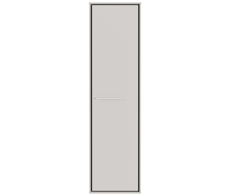 Schmaler, grauer Badezimmerschrank mit schwarzem Rahmen und silbernem Griff.
