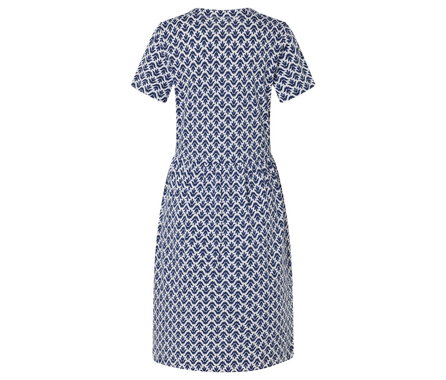 Rückansicht eines kurzärmeligen Kleides mit blau-weißem Muster.