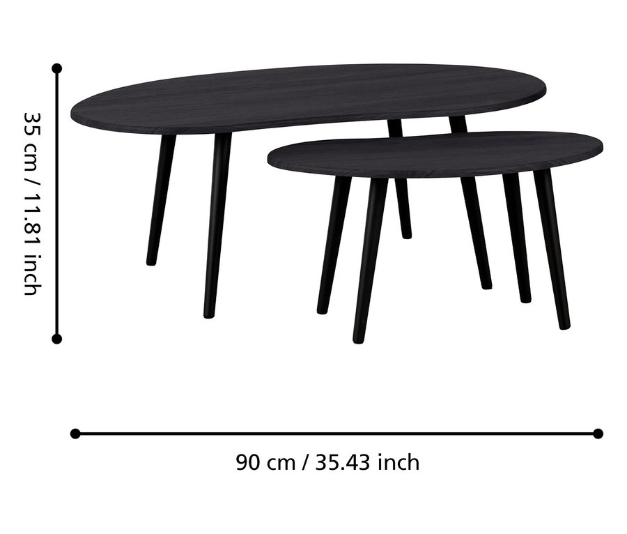 Zwei schwarze, ovale Couchtische unterschiedlicher Größe stehen auf einem weißen Hintergrund.