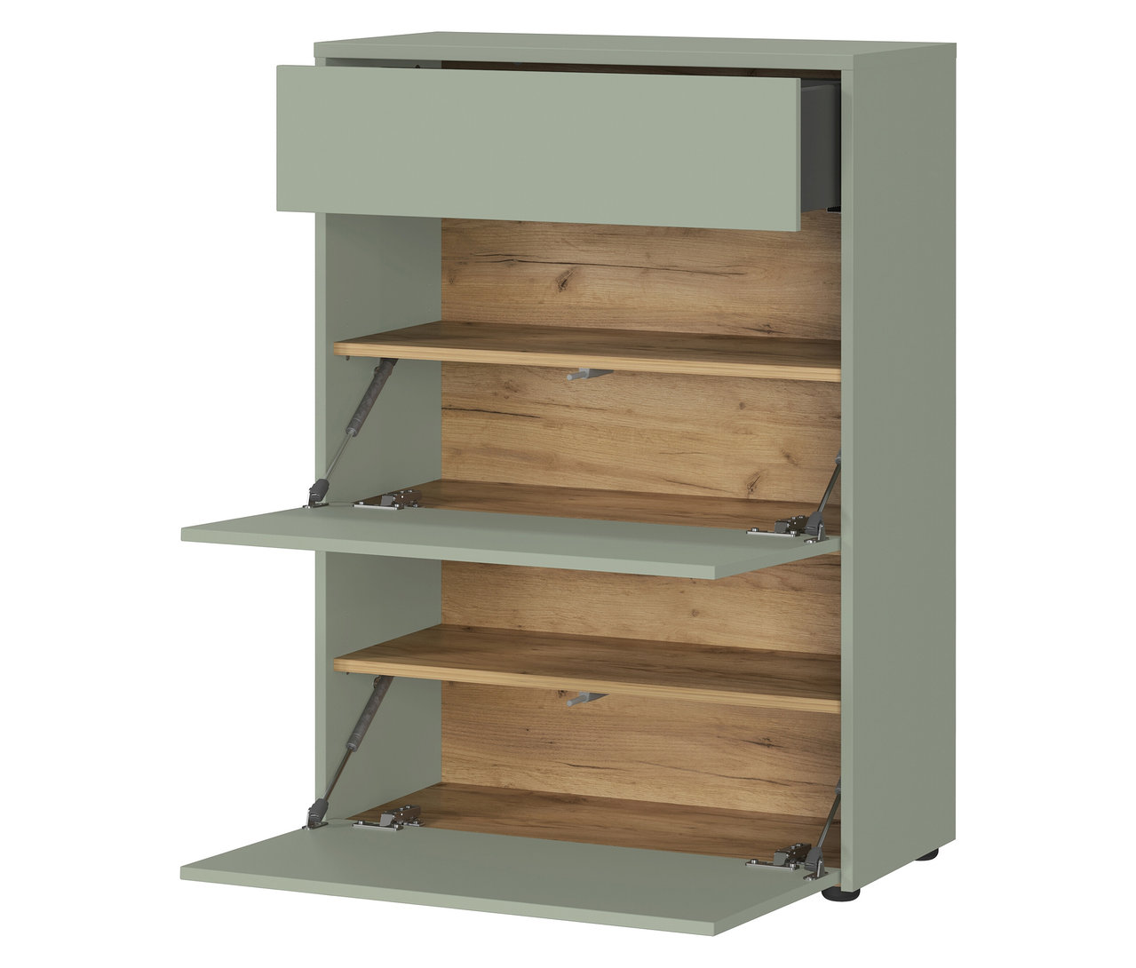 Hellgrüner Schuhschrank mit Schublade oben und zwei Kippfächern, die teilweise geöffnet sind und einen Holzhintergrund zeigen.
