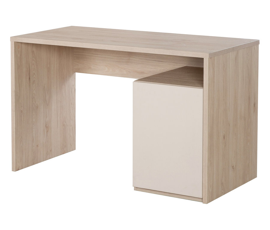 Der Roba Schreibtisch »Louisa« in hellem Holz und Weiß steht frei vor einem weißen Hintergrund.