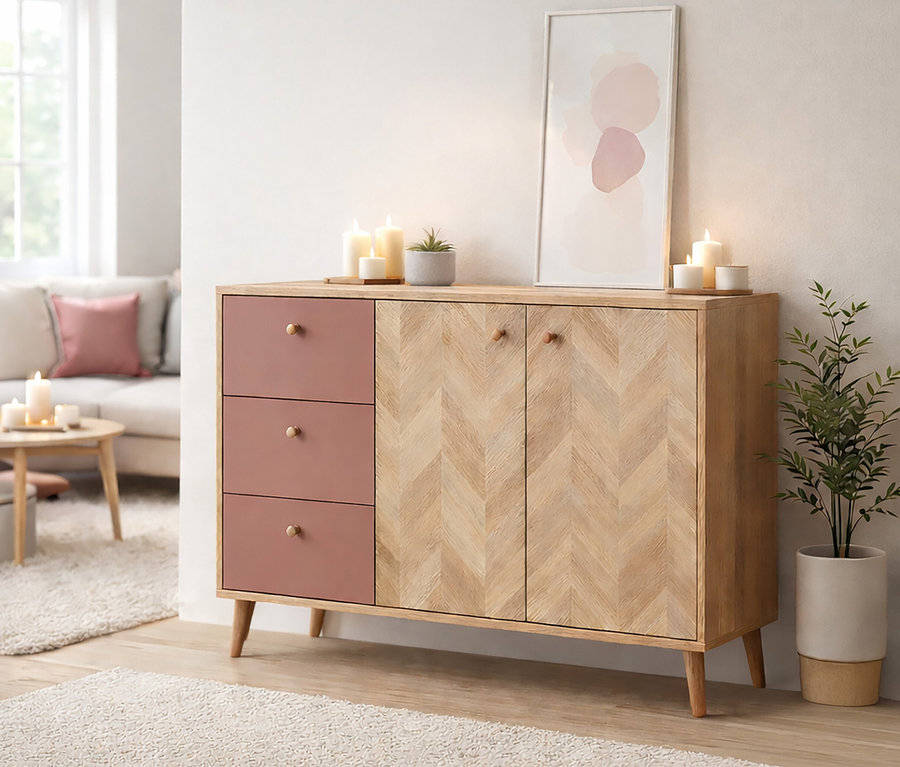 Kommode mit drei Schubladen in Rosa und zwei Türen mit Fischgrätenmuster, darauf Kerzen, Zimmerpflanze und gerahmtes Bild.
