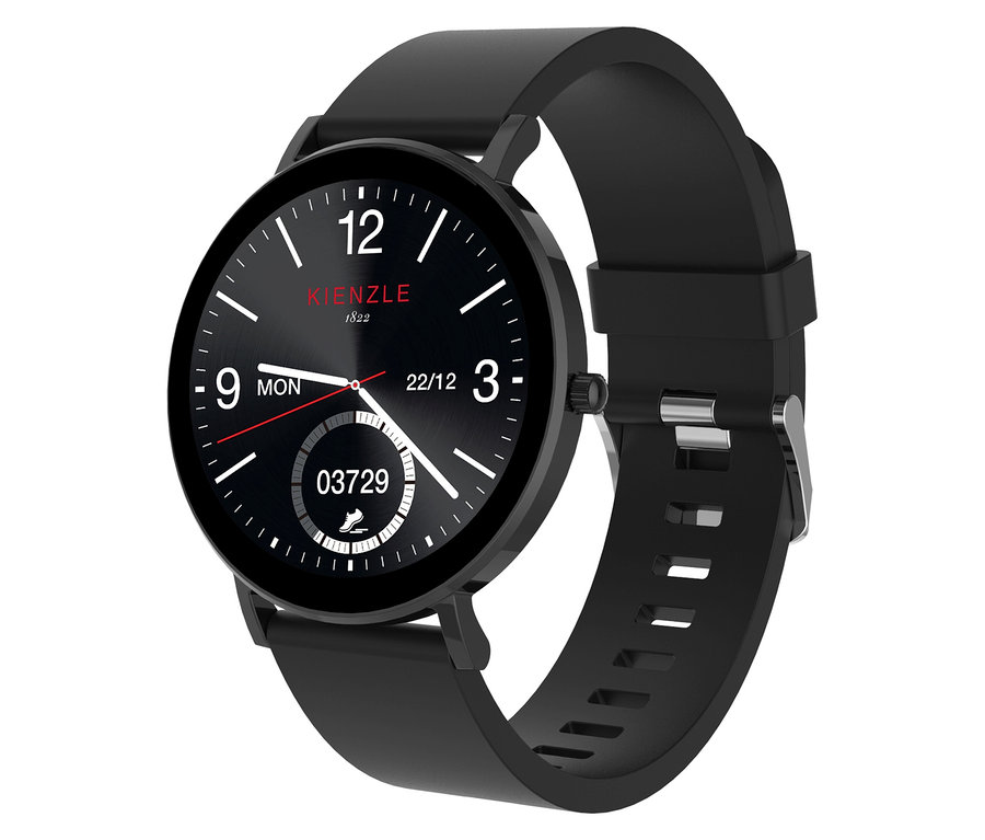 Nahaufnahme der schwarzen Kienzle »Active Smart Slim« Uhr mit Ziffernblatt, das die Zeit und andere Daten anzeigt.
