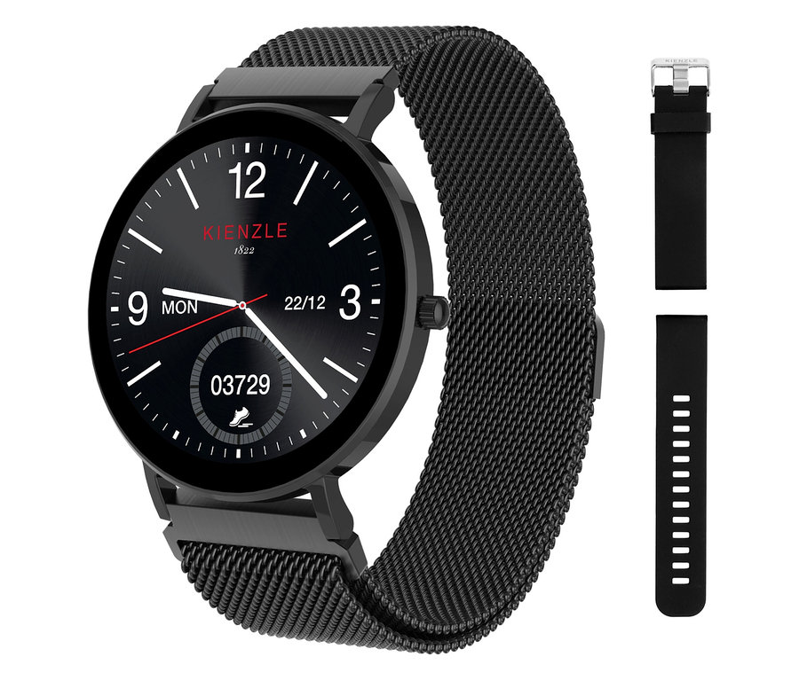 Eine schwarze Smartwatch mit schwarzem Armband und zwei zusätzlichen Armbändern liegt vor einem weißen Hintergrund.