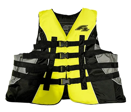 Gelb-schwarze F2 Schwimmweste mit verstellbaren Trägern und Schnallen.
