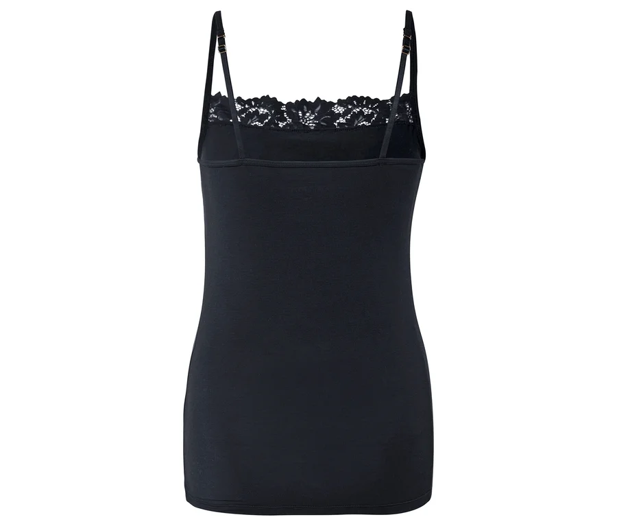 Rückansicht eines schwarzen Tanktops mit Spaghettiträgern und Spitzenbesatz.
