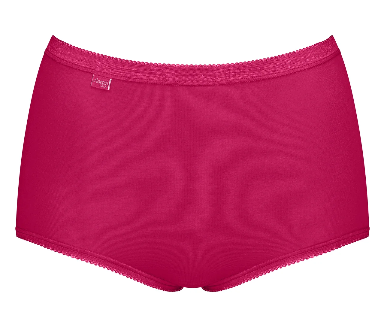 Ein rosafarbener Slip mit hohem Bund und Spitzenbesatz an Taille und Beinöffnungen, mit einem kleinen weißen Etikett auf der linken Hüfte.