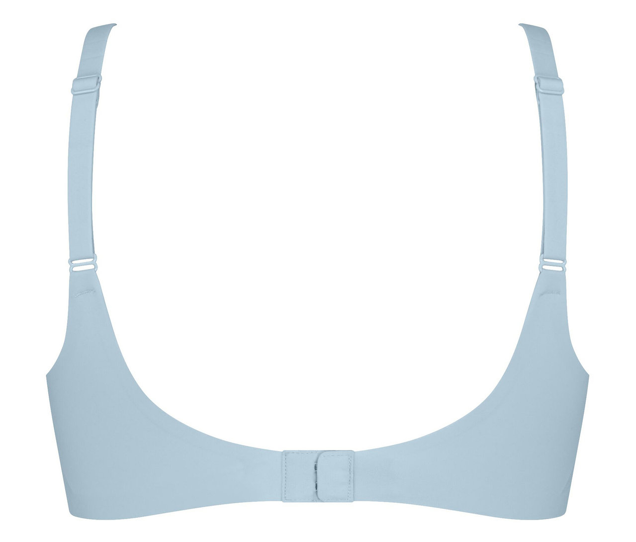 Rückansicht eines hellblauen BHs mit verstellbaren Trägern und Hakenverschluss.