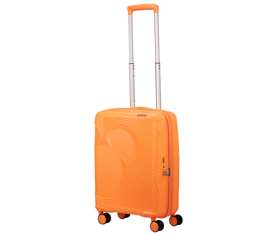 Aufrechter, orangefarbener American Tourister Mickey Magic Trolley mit silbernem Griff.
