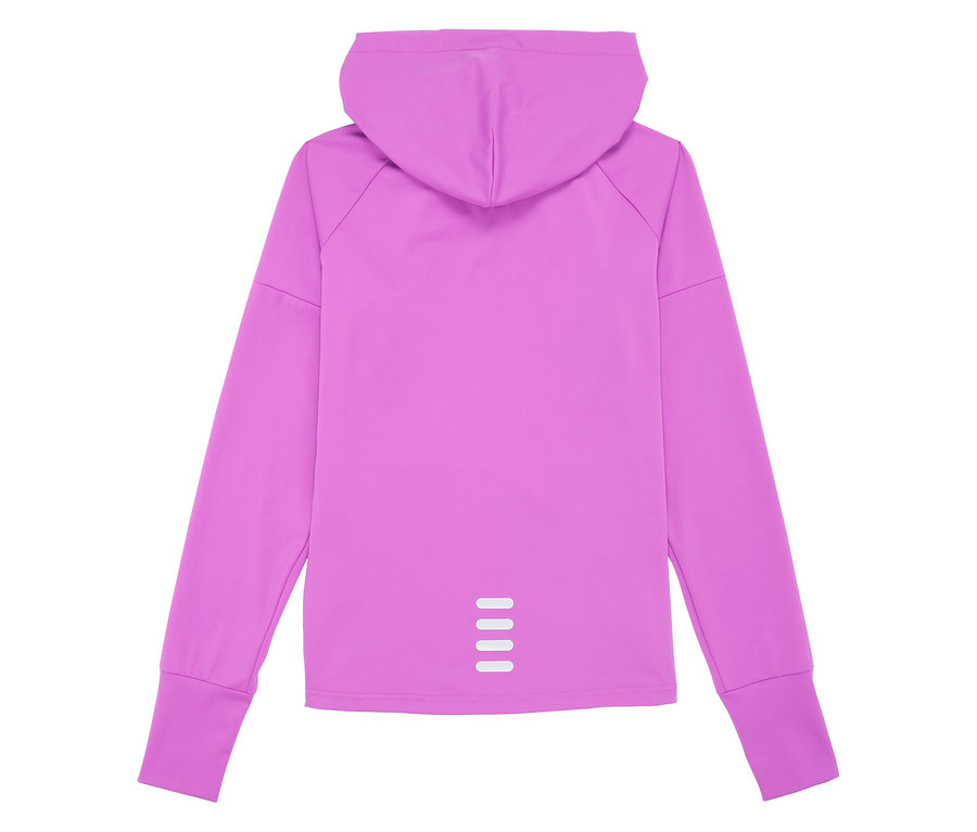 Rückansicht einer lila FILA Damen-Funktionsjacke mit Kapuze und langen Ärmeln.