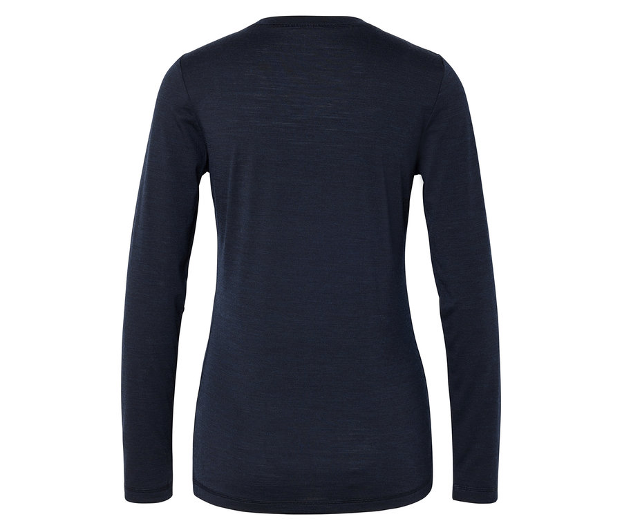 Rückansicht eines dunkelblauen, langärmeligen Shirts mit leicht tailliertem Schnitt auf weißem Hintergrund.