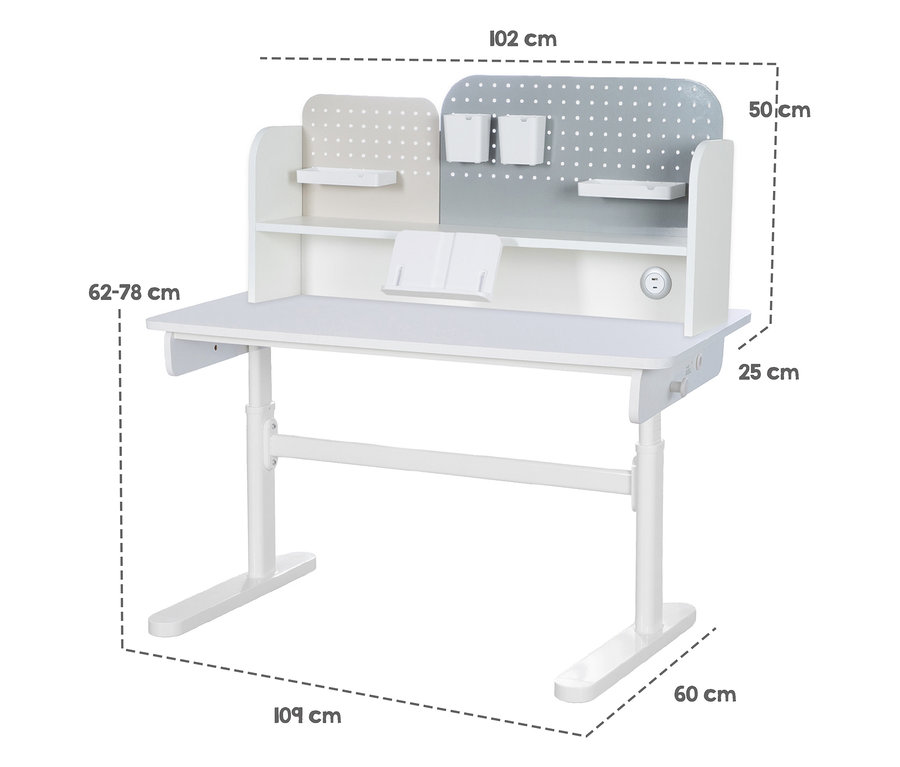 Weißer, höhenverstellbarer roba Kinderschreibtisch Basic mit Aufsatz. Die Tischplatte ist 109 cm breit und 60 cm tief, höhenverstellbar von 62 bis 78 cm. Der 102 cm breite Aufsatz hat eine Ablage, einen Buchständer und zwei Lochplatten (hellbeige, grau) mit Behältern und Regalen. Maße sind eingezeichnet.