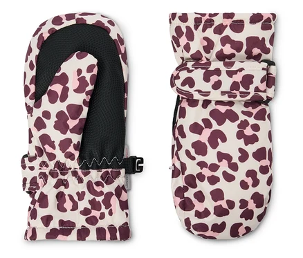 Zwei Fäustlinge mit Leopardenmuster in Rosa- und Brauntönen auf beigem Grund. Der linke Fäustling zeigt die Handfläche mit schwarzem Griffbereich, der rechte die Oberseite mit verstellbarem Riemen.