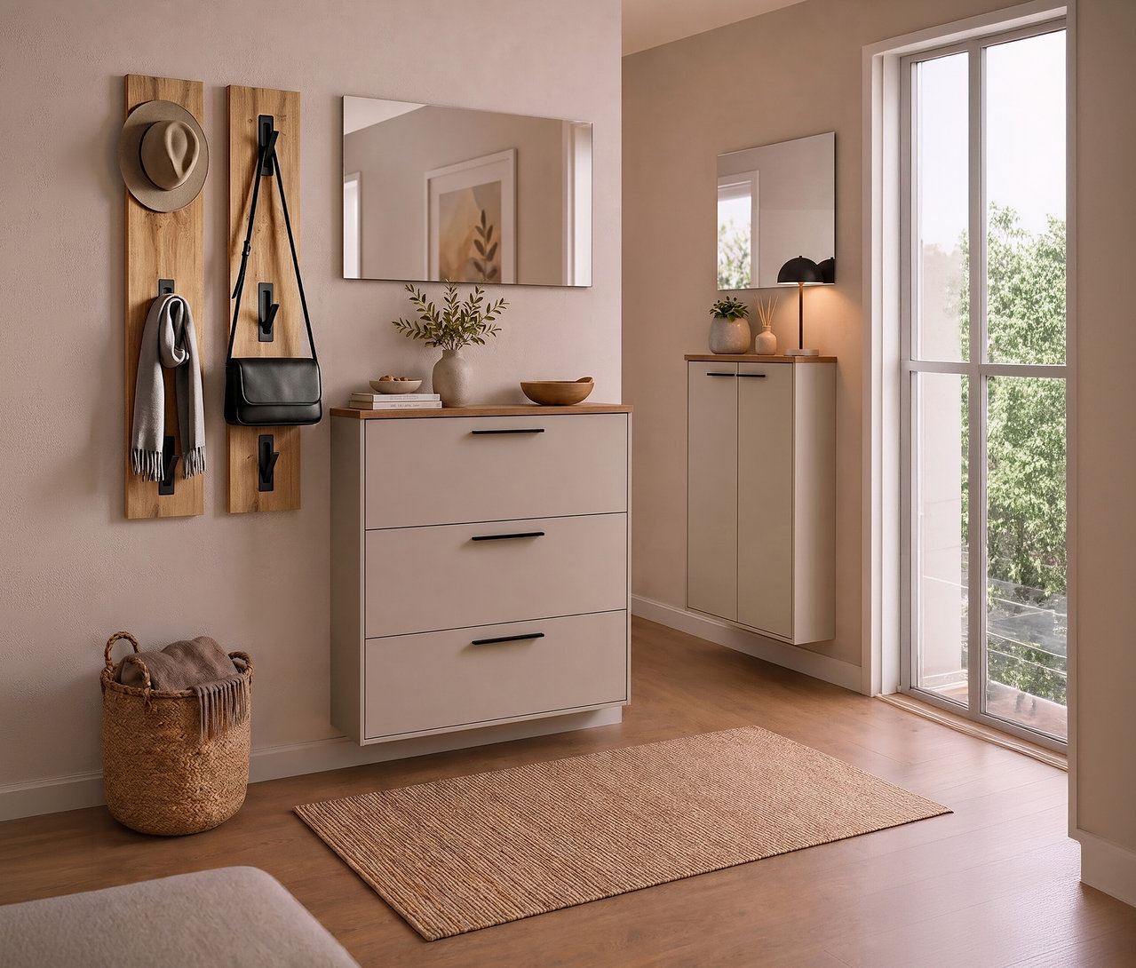 Moderner Eingangsbereich mit hellbeigen Wänden und Holzboden. Ein beiger Schuhschrank mit drei Schubladen und Holzplatte steht unter einem Spiegel. Haken an der Holzwand halten Hut, Schal und schwarze Tasche. Ein geflochtener Korb und Teppich liegen am Boden. Rechts sind ein hohes Fenster und ein kleinerer Schrank mit Lampe.