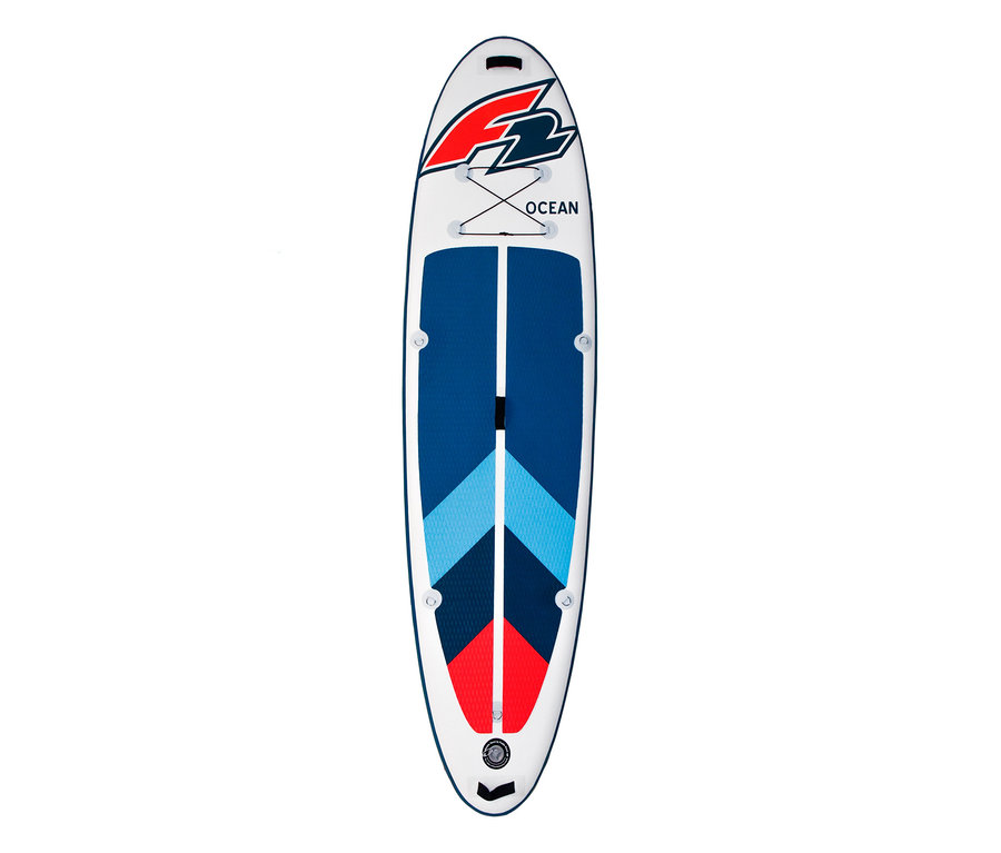 Weißes F2 SUP Board »Ocean ltd« mit blauen, hellblauen und roten geometrischen Mustern und schwarzem F2-Logo.