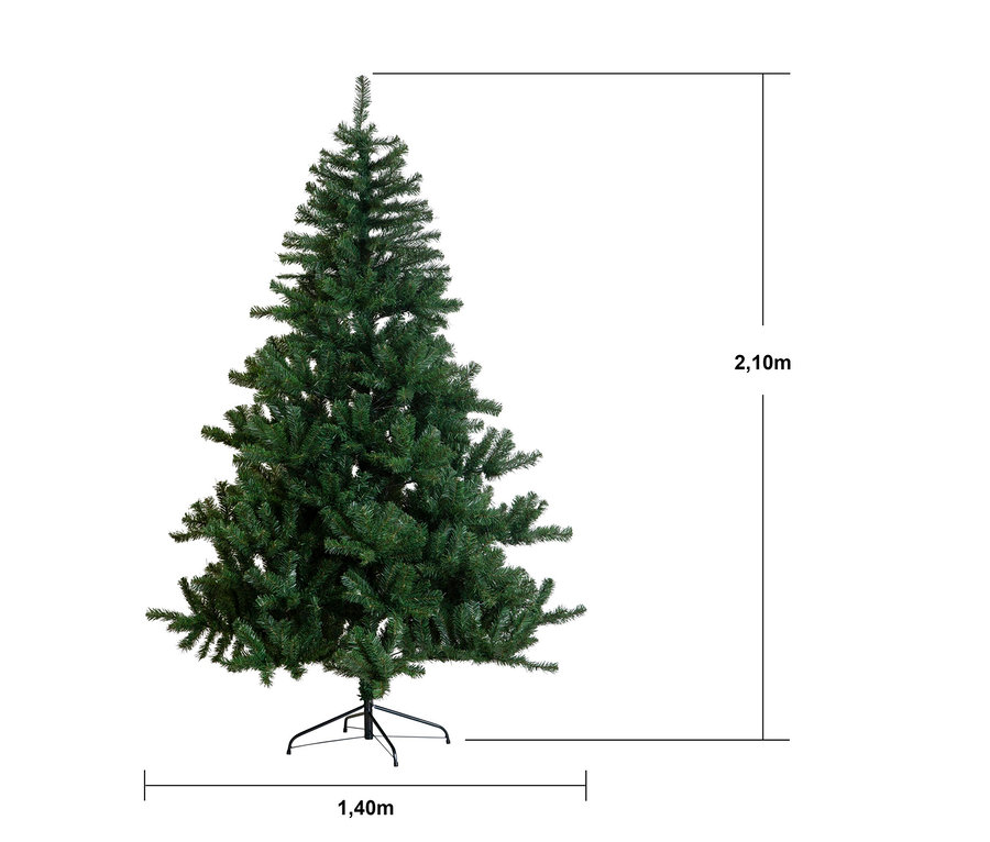 Grüner künstlicher Weihnachtsbaum mit schwarzem Ständer, 2,10 m hoch und 1,40 m breit.