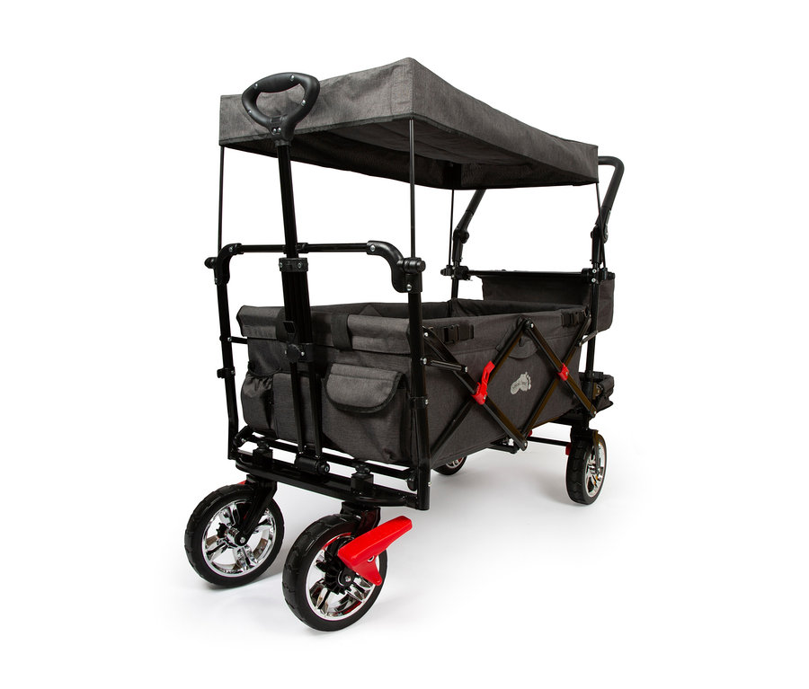 Ein grauer Bollerwagen mit Dach und Regencover von small foot vor einem weißen Hintergrund.