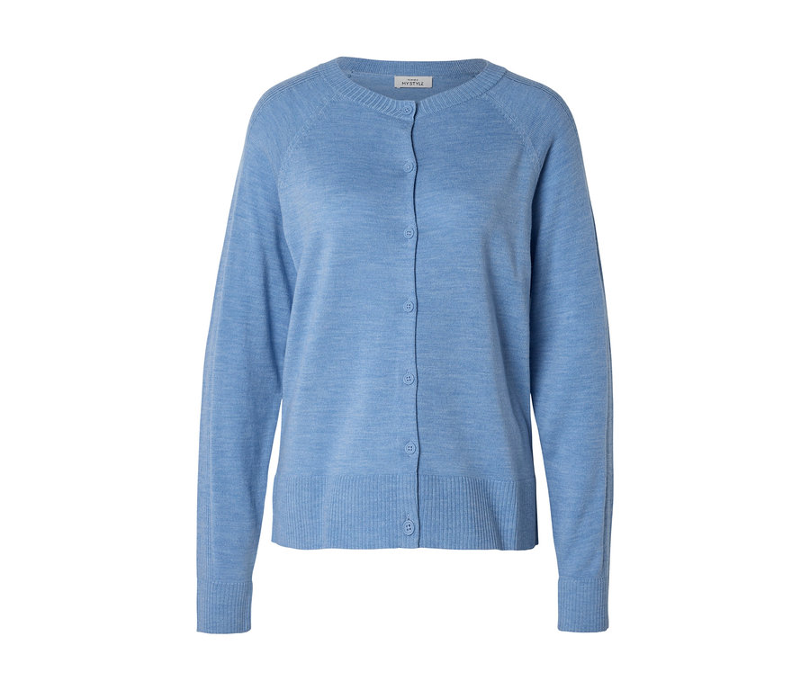 Hellblaue Strickjacke mit Rundhalsausschnitt, langen Raglanärmeln, gerippten Bündchen und Knopfleiste.