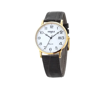 Nahaufnahme der Kienzle Uhr »Meister Klassik« in Goldfarbe mit schwarzem Lederarmband und weißem Zifferblatt.