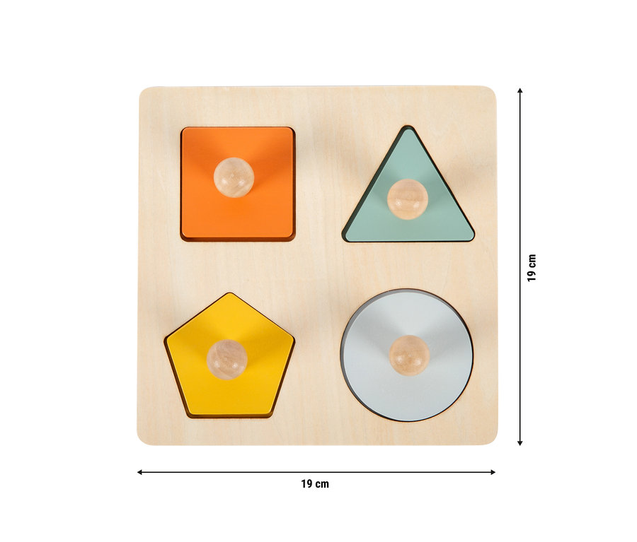 Holz-Steckpuzzle mit vier Formen: orangefarbenes Quadrat, hellblaues Dreieck, gelbes Fünfeck und hellgrauer Kreis, jeweils mit Holzgriff. Größe 19x19 cm.