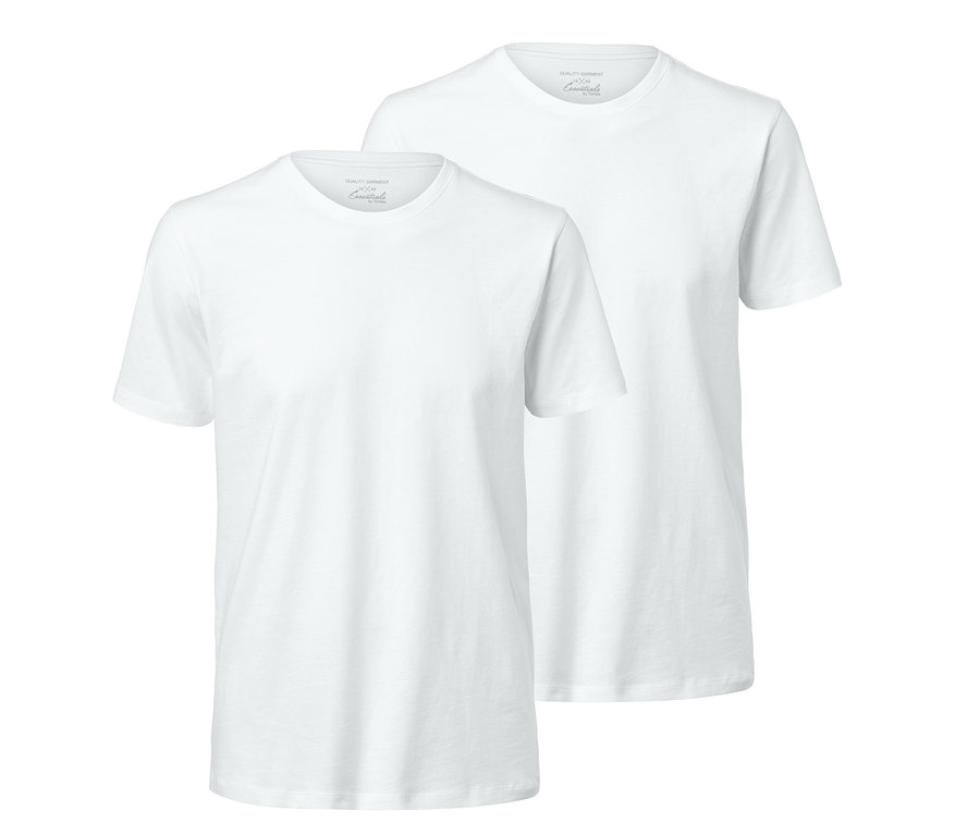 Zwei weiße Kurzarm-T-Shirts liegen übereinander.