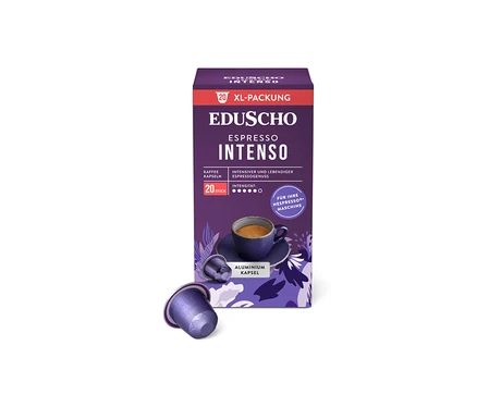 Eine Packung Eduscho Espresso Intenso Kaffeekapseln mit 20 Stück und einer Aluminiumkapsel.